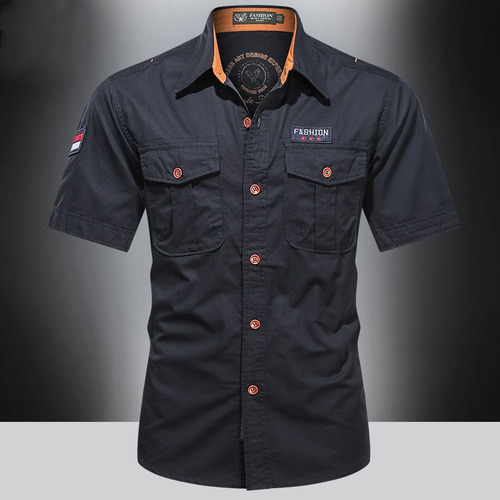 Camisa Cargo Camisa Masculina Camisa De Manga Curta Com Bols