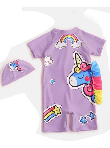 Traje De Baño Niña Con Diseño Unicornio Con Gorro