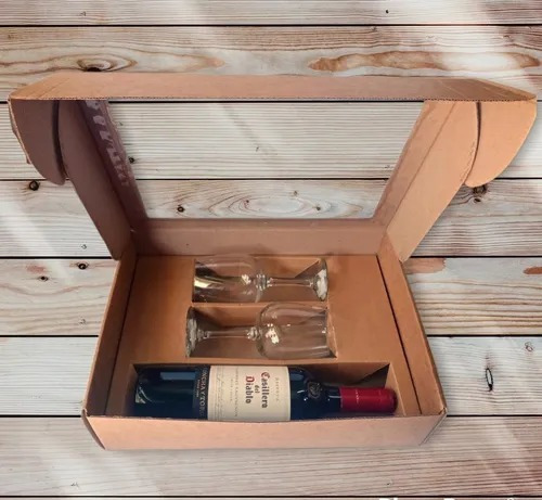 Caja Regalo Botella Vino Y 2 Copas Con Ventana Individual