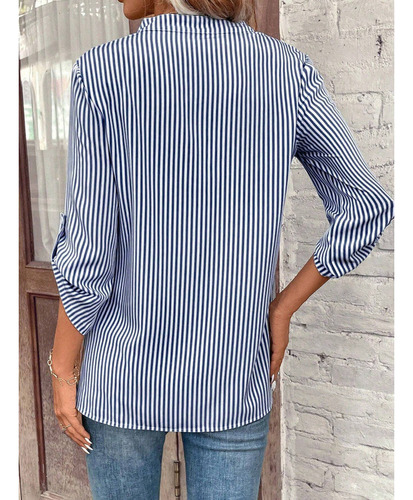 Camisa De Manga Larga A Rayas Con Cuello En V Para Mujer