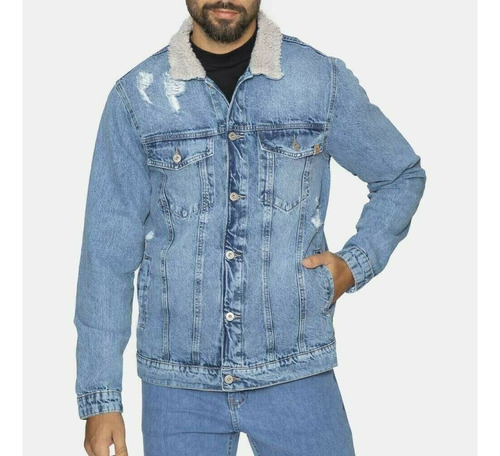 Jaqueta Jeans Botoes  Masc Gola Pelucia Pelo Destroyed Denim