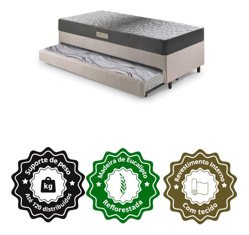 Bicama Box Solteiro Linho Bege 88x188 Com Colchão Dual Firm