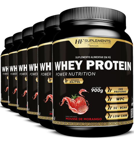 Kit 6 Whey Protein Power Nutrition Mousse De Morango 900g