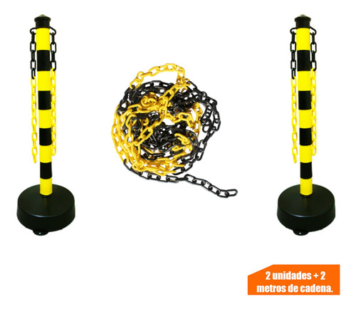 Kit 2 Postes Demarcatorio Vial + 2 Metros De Cadena Plástica Amarillo Y Negro