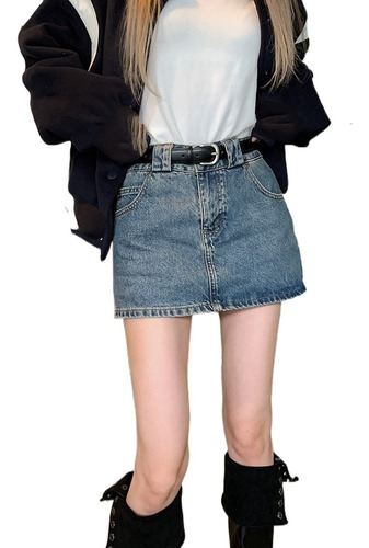 Minifalda Denim De Talle Alto Con Forro Desteñido