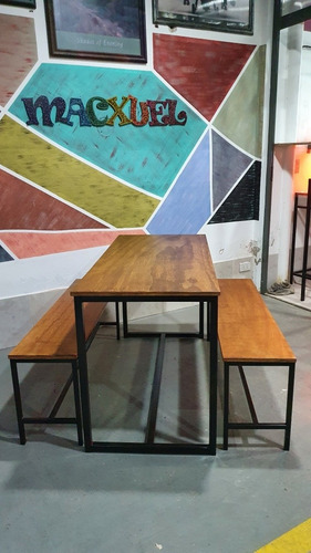 Imagen 7 de 9 de Mesa Industrial 130x60 Con 2 Bancos Largos Hierro Y Madera