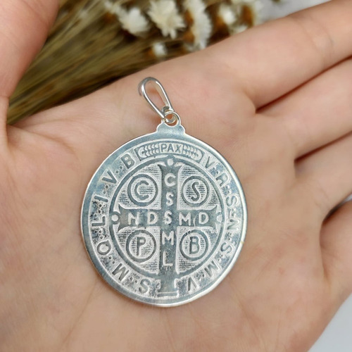 Pingente Em Prata 925 Medalha São Bento Grande Dupla Face