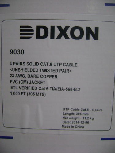 Cable Utp Dixon Cat6 9040 Lszh Blanco Caja 305 Mts