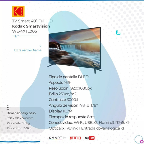 Imagen 9 de 10 de Smart Tv Kodak 40 Pulgadas Full Hd Wifi Netflix Youtube