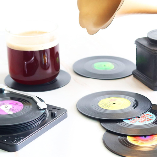 Divertidos Posavasos Retro De Vinilo Para Bebidas Con Soport