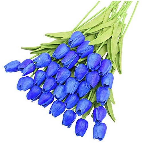 Tulipanes Artificiales Realistas 12u 35cm Azul Royal