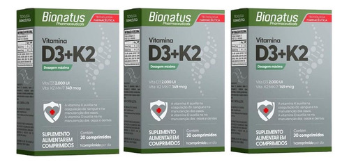 Kit Vitamina D3 + K2 Com 3 Caixas De 30 Comprimidos Cada