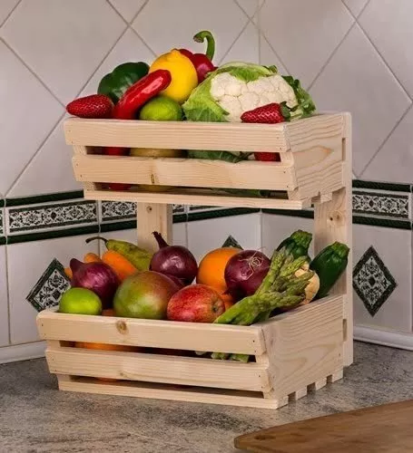 Soporte para cesta de frutas, soporte para verduras, pan, organizador de  madera de 2 niveles, cesta clásica de alimentos pastorales para cocina