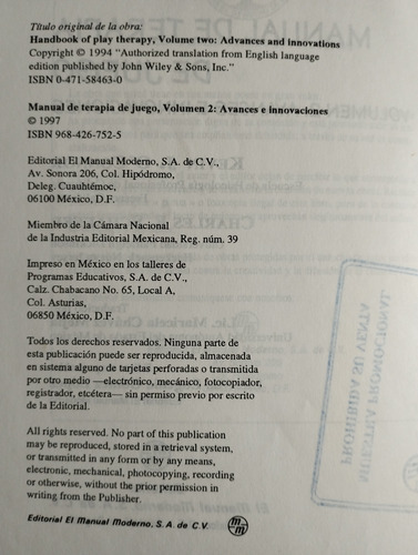 Manual De Terapia De Juego Kevin J. O'connor Libro P (Usado)