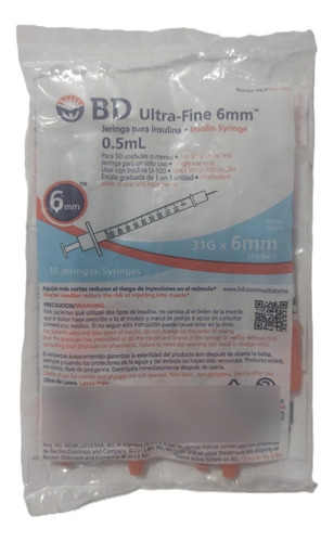 Jeringa Bd Ultra-fine 0.5ml 31gx6mm 100 Pzas Bolsas C/10 C/u