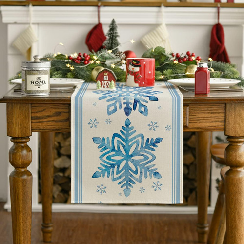 Camino De Mesa Con Diseño De Copos De Nieve 13 X 108 Inch Blue Navidad