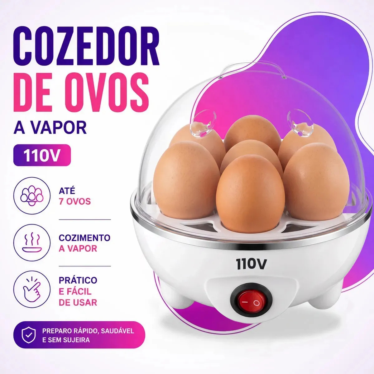Cozedor De Ovos Elétrico Portatil Branco 110v Cozinhar A Vapor Legumes 7 Ovos com Desligamento Automático
