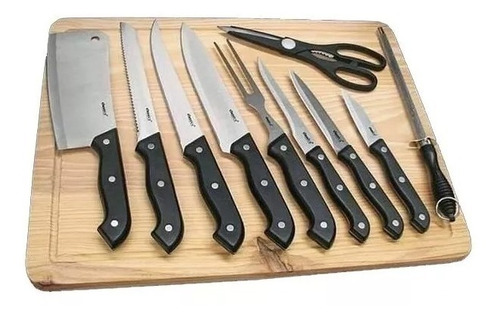 Set Parrilero Asado 11 Piezas Tabla+cuchillos Tijera Afilado