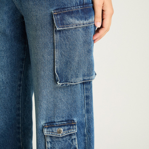 Jeans Tiro Alto Cargo Azul Mujer Moda Denim Básicos