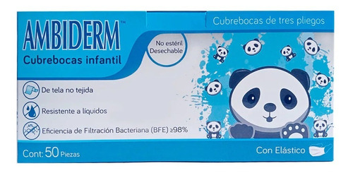 Cubrebocas Infantil Ambiderm Caja Con 50 Piezas Azul Pandas