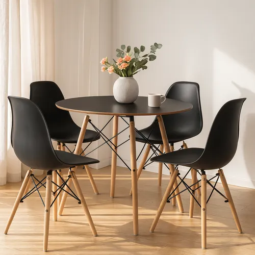 Conjunto Jantar Eames Eiffel Mesa 90cm Preto com 4 Cadeiras Preto Liso