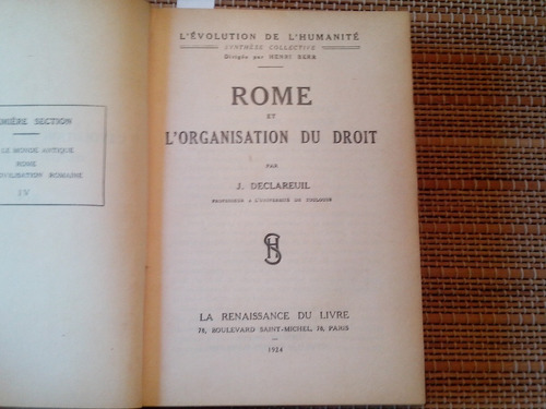 Declareuil,rome Et L´organisation Du Droit. 1924