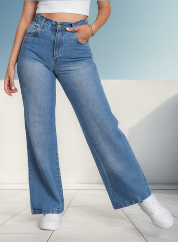 Jean Wide Leg Mujer Rigido Celeste Tiro Alto 323