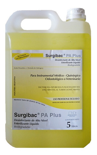 Imagen 1 de 4 de Surgibac Pa Plus X 5 Lts Ácido Peracético Perox Hidrogeno 