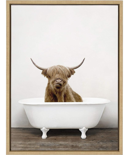 Kate Y Laurel Sylvie Highland Cow In Tub Color Framed Canvas