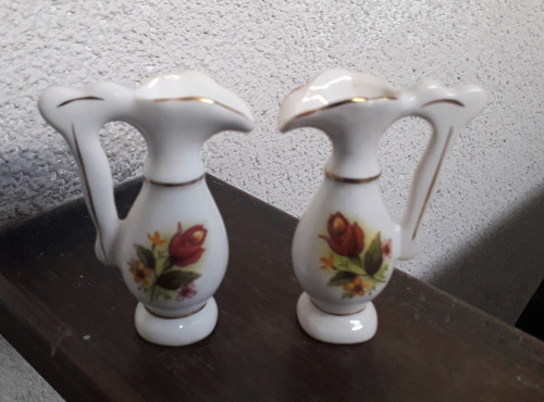 Antiguo Par Florero Jarra Miniatura Porcelana Alt 8cm Flores