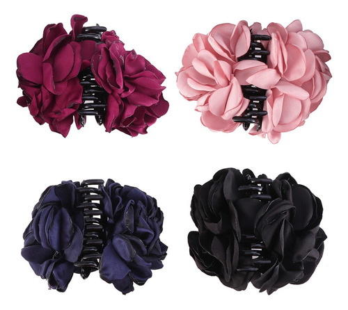 4pcs Hair Clips Large Fabric Pink Flower Bow Plate Hair