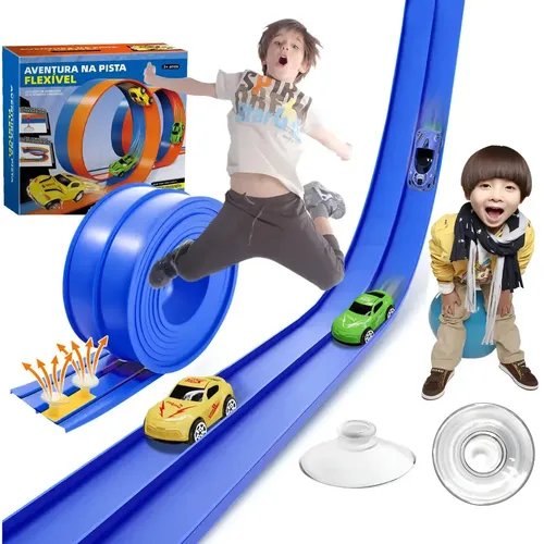 Flextrack Pista Corrida Flexível para Crianças com 4 Ventosas e 4 Carrinhos