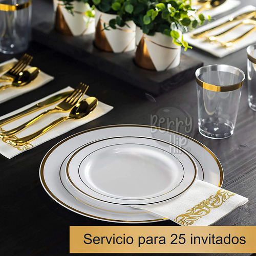 Vajilla Elegante Reutilizable Color Oro 125 Piezas 25 Invita