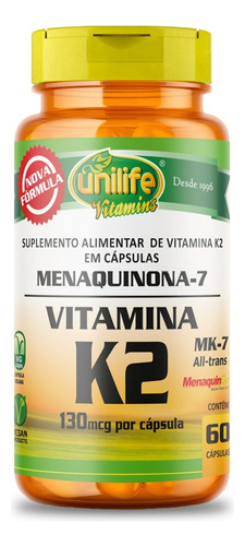 Vitamina K2 Menaquinona Mk7 60 Cápsulas - Unilife