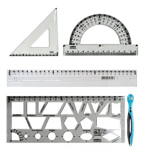 Kit Desenho Geométrico Básico Adaptado Braille Baixa Visão