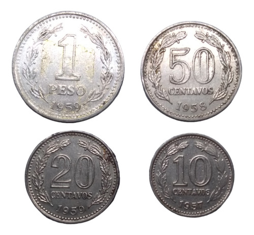 Monedas Argentina De 1 Peso A 10 Centavos 4 Pieza  Años 50's