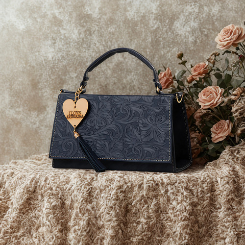Bolsa Mariconera Crossbody Mujer Diseño Artesanal P/ Regalo Azul Marino Floreado Oro Azul Marino