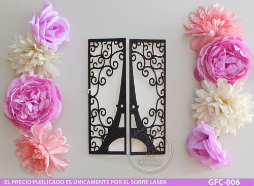 50 Invitaciones Sobres Corte Laser Paris Eiffel Glitter