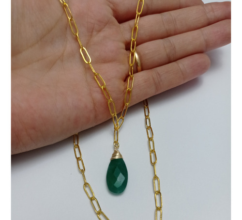 Collar Eslabones Baño Oro Con Piedra Gota Cuarzo Negro/verde