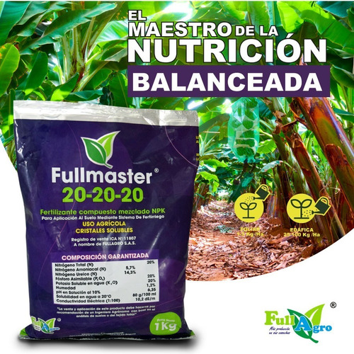 Imagen 2 de 3 de Fullmaster Npk 20-20-20 1kg Abono Foliar Triple 20