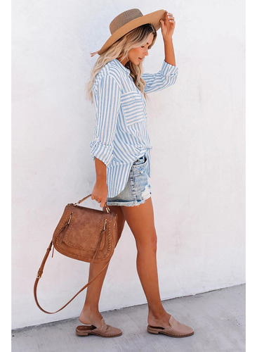 Blusa De Manga Larga Con Bolsillos A Rayas Con Botones Y Cue