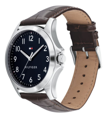 Reloj Tommy Hilfiger En Piel Café 1791449 Hombre 45 Mm Bisel Plateado Fondo Azul Acero