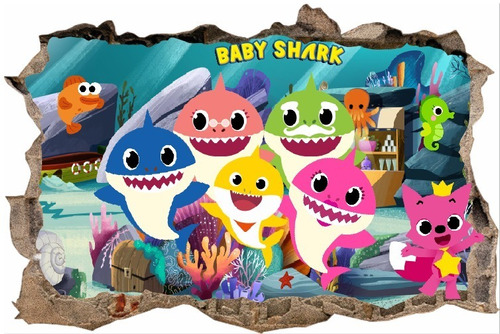 Vinilos Infantiles Efecto 3d Pared Rota Baby Sharks 1.50mx1m