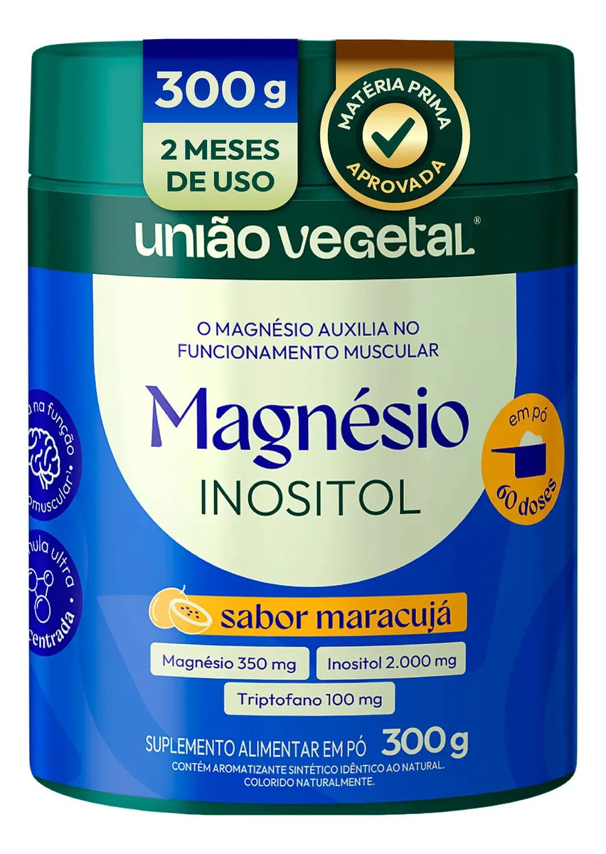 Magnésio Inositol com Triptofano em Pó – 350mg Magnésio + 2.000mg Inositol + 100mg Triptofano – O Magnésio Auxilia no Funcionamento Neuromuscular e Muscular – União Vegetal 300g 60 Doses