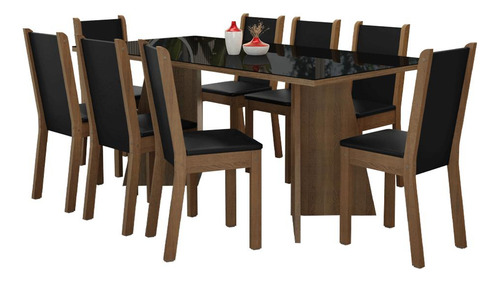 Sala jantar mesa tampo MDJA080007D8PT vidro 8 cadeiras cor rustic e preto