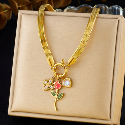 Collar Con Colgante De Rosa De Acero Inoxidable Para Mujer