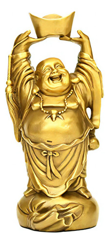 Latón Riendo Buda Sosteniendo Lingote Bolsa De Dinero Estatu