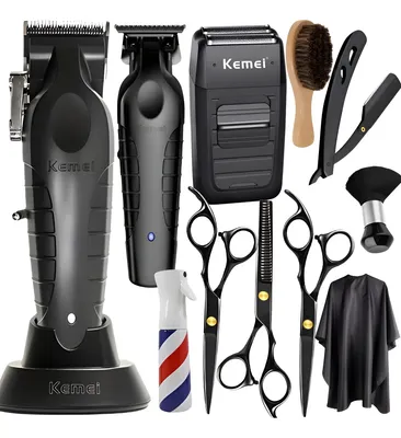 Kit Maquina De Cortar Cabelo Kemei E Tesoura Profissional Preto 127/220v