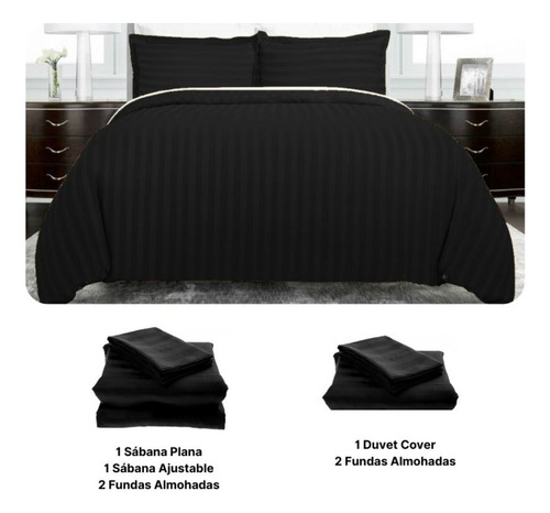 Imagen 2 de 4 de Set Duvet 7 Pzas Negro Líneas Microfibra Doble
