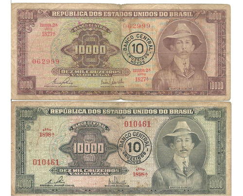 Brasil: 2 Billete 10.000 Cruzeiros Resellados 1966/67 